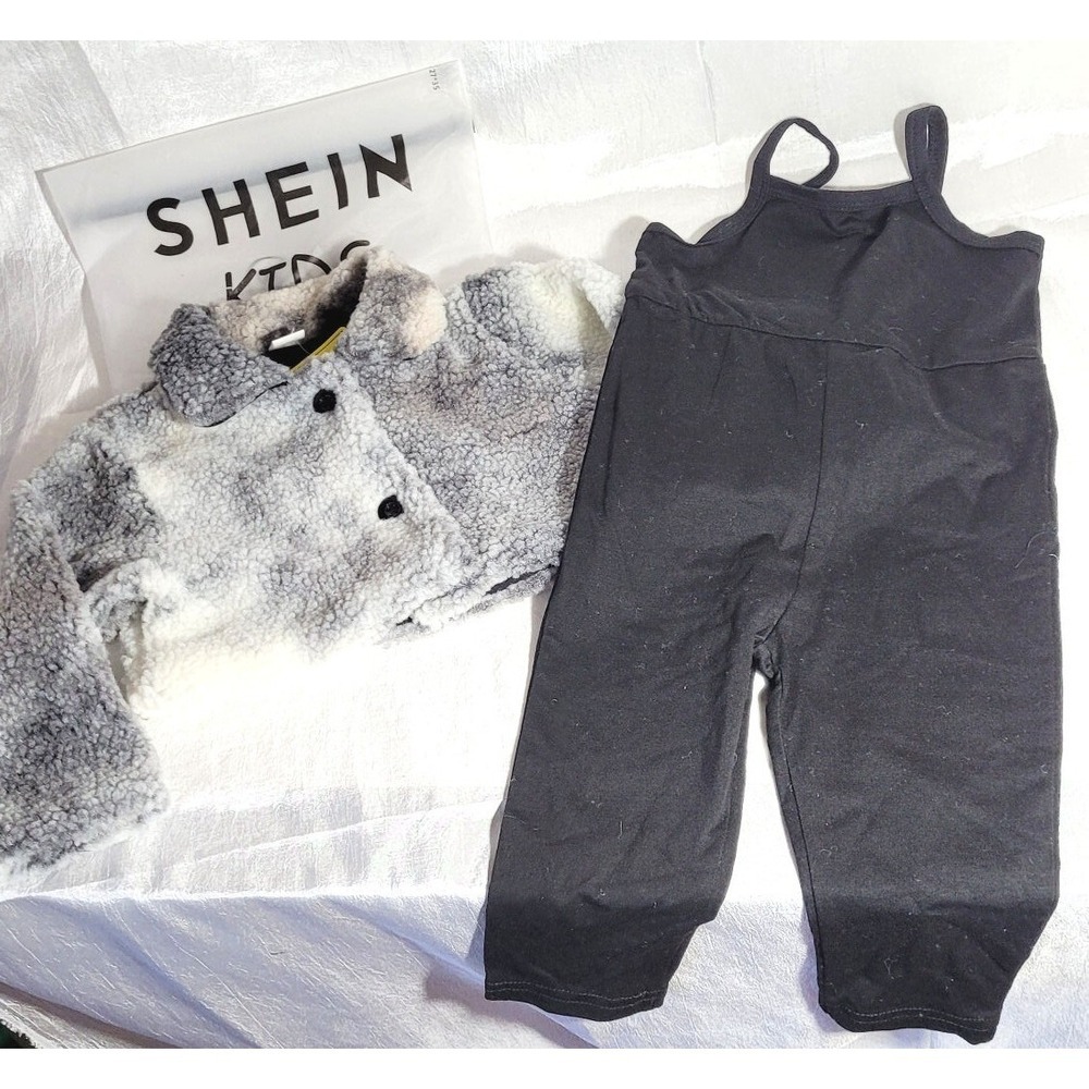 Shein Kids Sherpa Style Sweater 2pc Pant Set - Black / Gray - Size‎ 12-18 Months